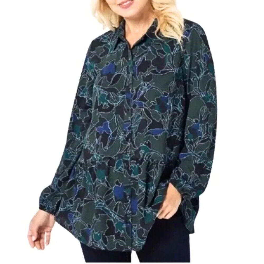 LOGO by Lori Goldstein Dark Floral Tiered Blouse Oversized Green Blue Black Sz M